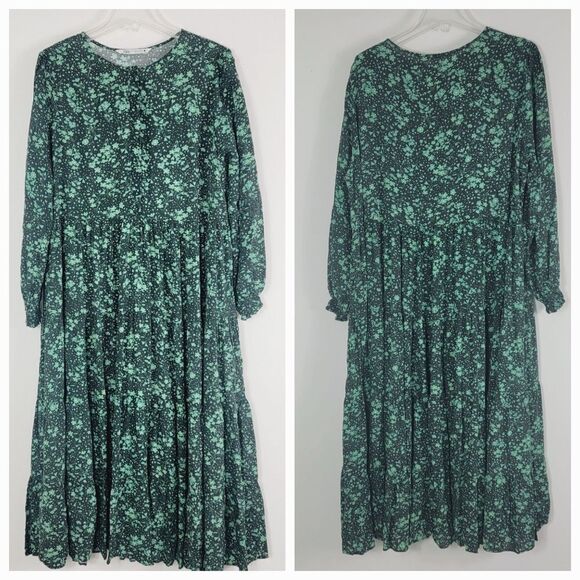 Zara Blogger Fave Angel Dress Maxi Tiered Smocked Size XS Green Black - Picture 3 of 11